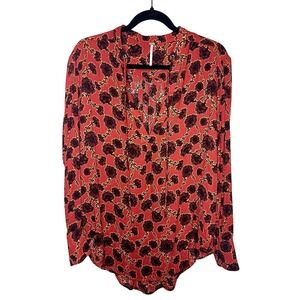 Free People Long Sleeve Floral Print Deep Red Blouse- Size XS with Medium fit‎